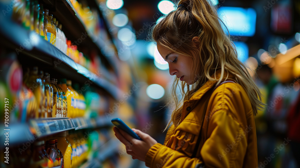 Young woman standing in supermarket, looking at smartphone