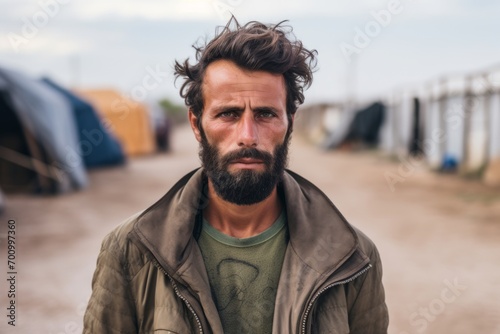 Portrait of a handsome man with a beard in a green jacket