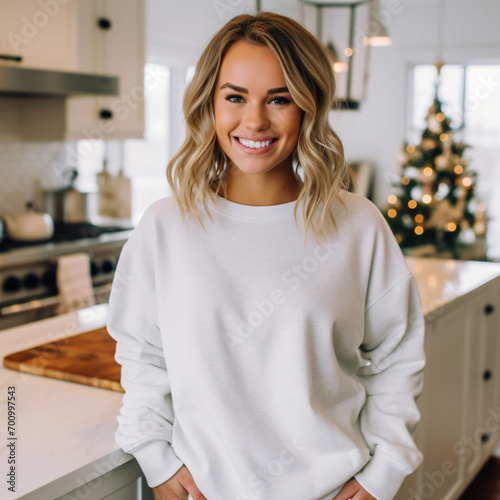 Girl wearing a blank, white, Oversized Sweatshirt, with no design on the front, mock - up for a influencer style christmas photoshoot. Hand on her him, one by her hair. wavy short length bronde photo