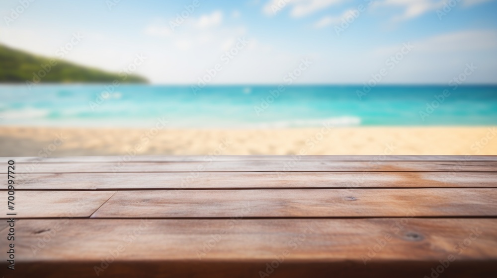 A wooden platform on blurred beach bench background