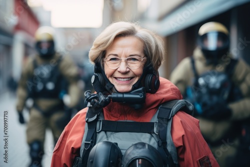 Portrait of smiling mature woman in protective suit and headphones on street