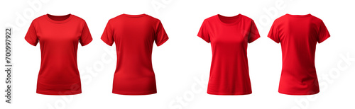 realistic set of female red t-shirts mockup front and back view isolated on a transparent background, cut out