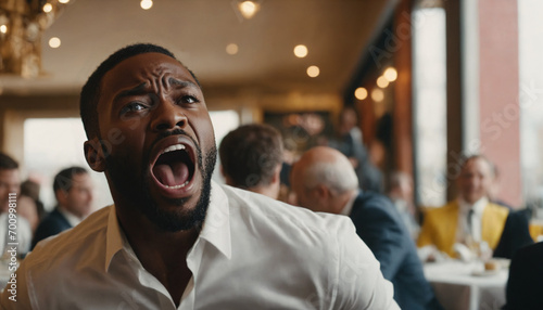 black man shouts aggressively in a restaurant photo