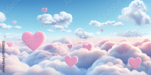 Love in the Sky: A Romantic Day with Blue Hearts, Fluffy Clouds, and White Beauty