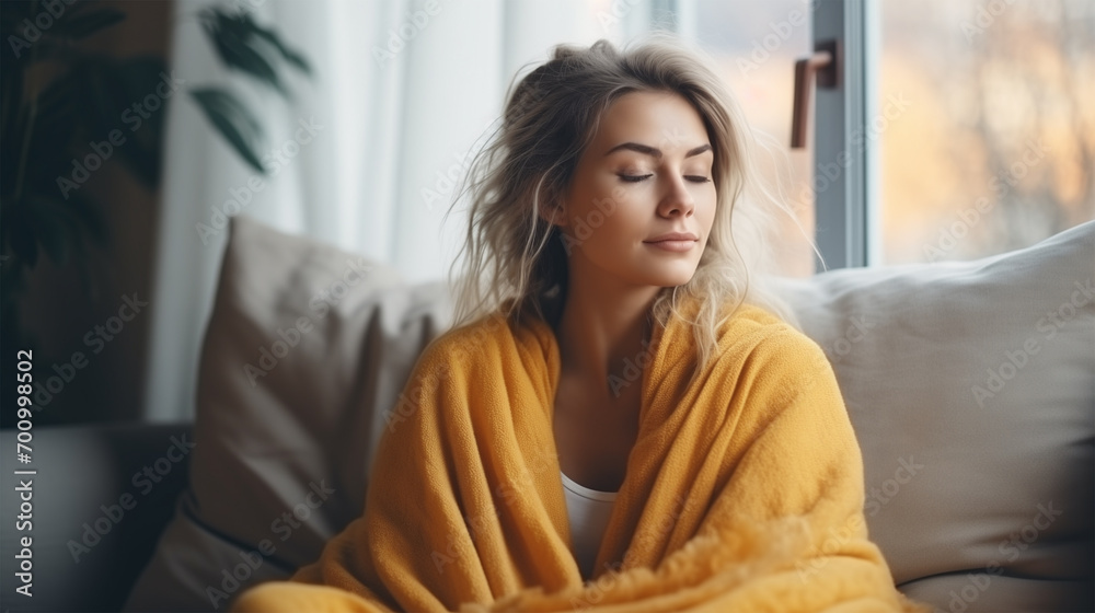 Blond Woman Sitting Indoors on a Couch with Closed Eyes, Wrapped by a Yellow Blanket in a Cozy Home Environment Reflecting Comfort and Calm. Blond Woman Sitting Indoors on a Couch with Closed Eyes, Wrapped by a Yellow Blanket in a Cozy Home Environment Reflecting Comfort and Calm.