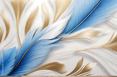Elegant 3D Design Seamless Pattern Diamond Painting White, Blue and Golden Peacock Feathers With Silk Satin Waves Illustration Background. 3D Wall Mural Wallpaper for Living Room