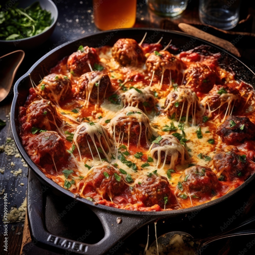 A cast iron skillet with meatballs in tomato sauce baked with cheese