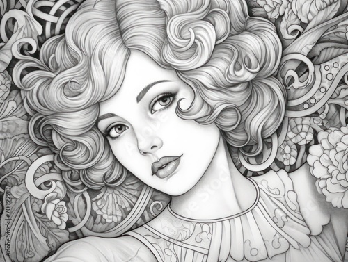 A coloring book page of a beautiful young woman from the 1920s