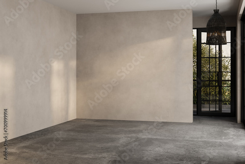Modern contemporary empty room yard view 3d render overlooking the living room behind the room has concrete floors, beige walls for copy space, sunlight enter the room.
