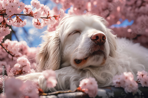 Purebred Beagle Puppy Playing in the Sunny Green Grass with Colorful Blooming Flowers in the Background photo