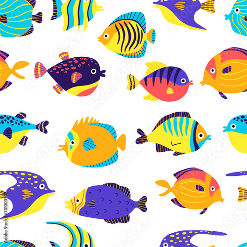 Seamless pattern with with various of fishes. Hand-drawn doodle fishes. Sealife concept. Summer beach print. Cute ocean background.