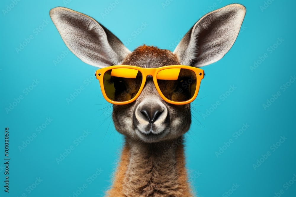 Humorous Animal Portrait with Sunglasses on Blue Background with selective focus and copy space