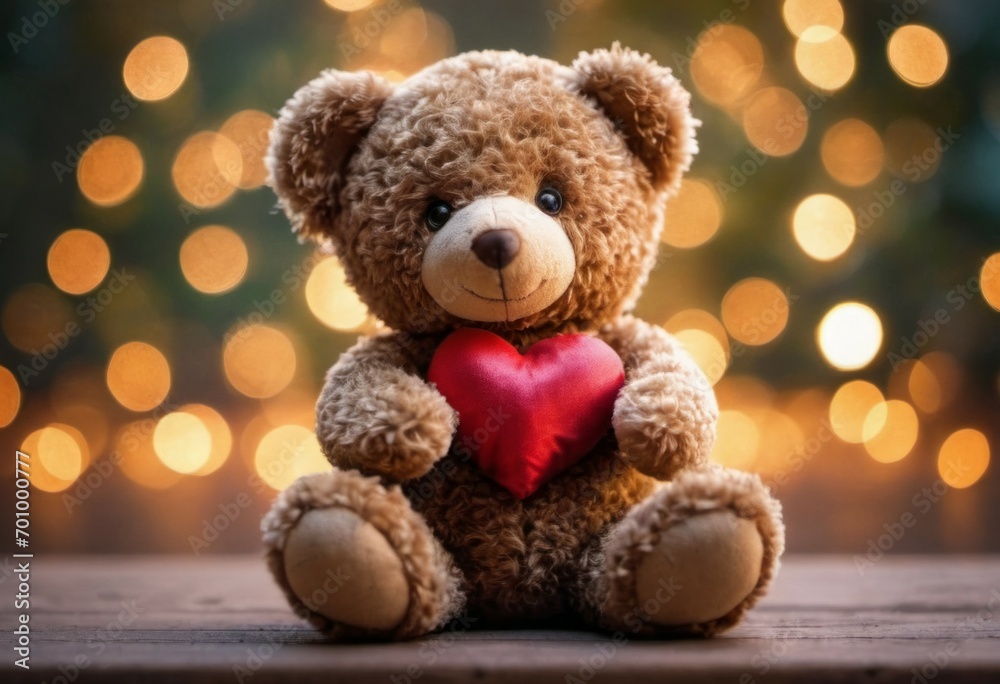 Teddy bear with a heart. Backdrop with selective focus and copy space