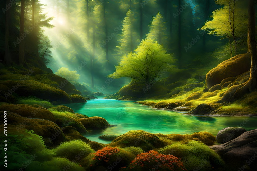Flowing Waters in Verdant Embrace. Generative AI