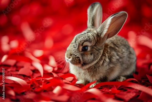 Cute bunny for advertising. Backdrop with selective focus and copy space