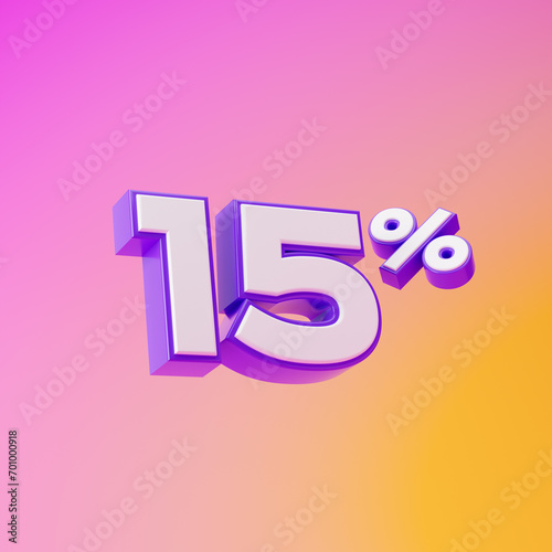 White fifteen percent or 15 % with purple outline isolated over pink and yellow background. 3D rendering.