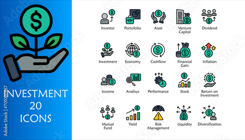 Investment icon set. Containing investor, mutual fund, asset, risk management, economy, financial gain, interest and stock icons. Color Lineal icon collection