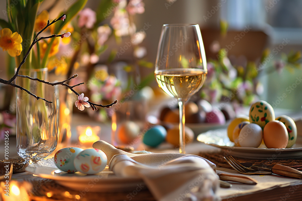 still life with easter eggs and wine - obrazy, fototapety, plakaty 
