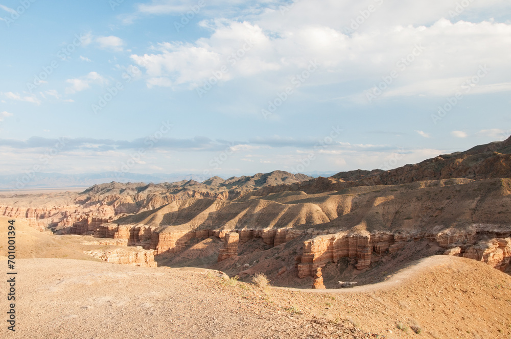 Fototapeta premium Evening landscape view of Charyn canyon or the Grand canyon of Kazakhstan, horizontal shot