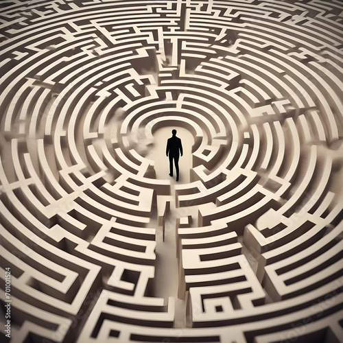 States of mind and psychology concept. Man silhouette in maze or labyrinth. Finding solution and self concept.