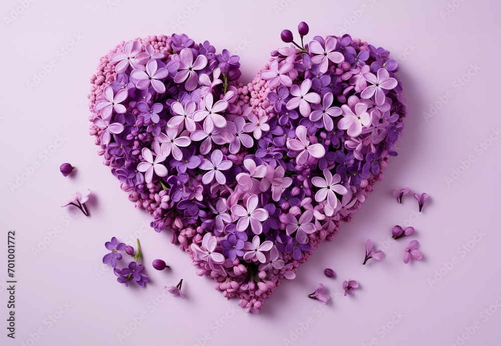 Postcard with a heart made of purple and lilac flowers, light background. Generative ai