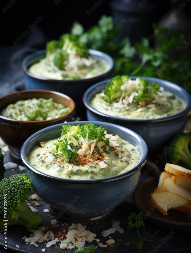 Bowls of creamy broccoli and stilton soup
