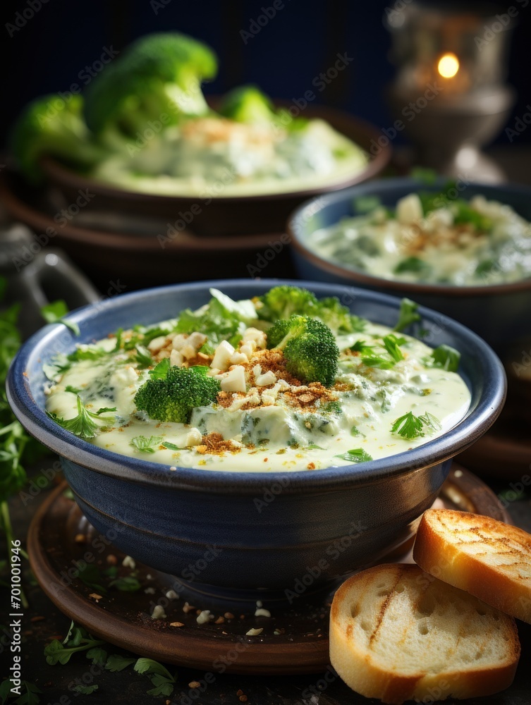 Bowls of creamy broccoli and stilton soup