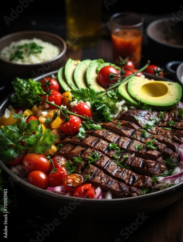 Carne asada bowls  the beef is the main prominent point of focus
