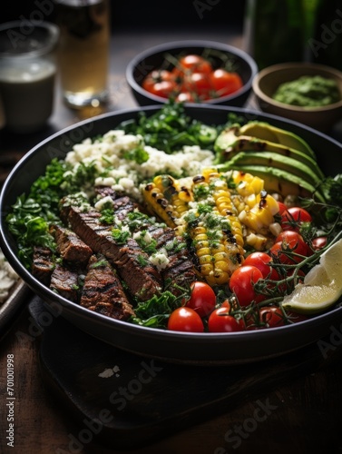 Carne asada bowls, the beef is the main prominent point of focus