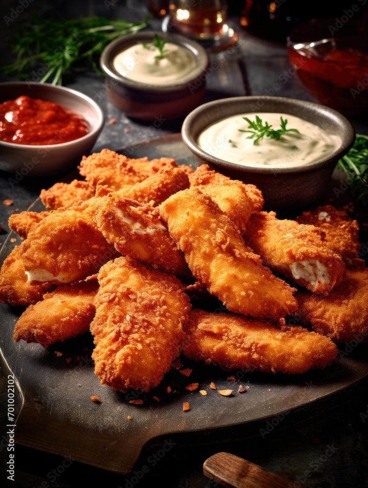 Crispy chicken strips with dipping sauce Crispy chicken strips with dipping sauce