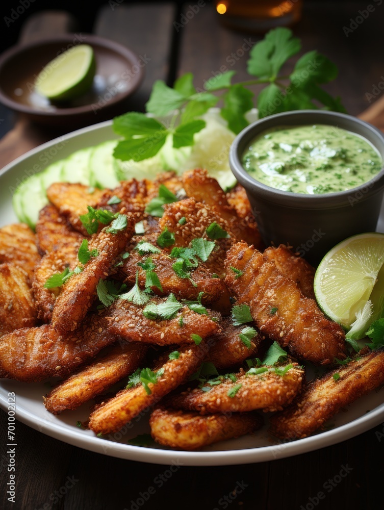 Crispy chicken strips with dipping sauce Crispy chicken strips with dipping sauce