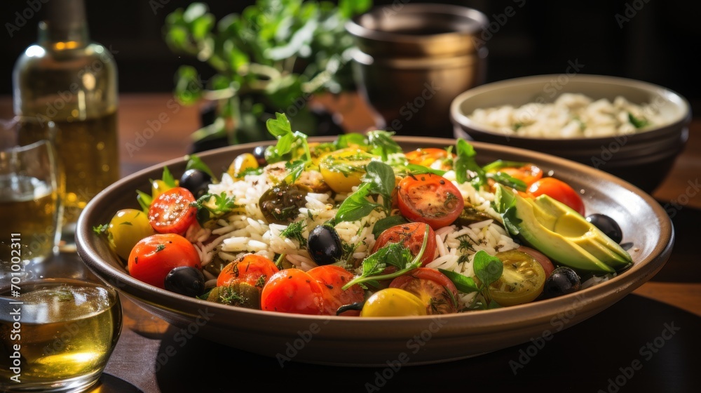 Couscous salad with dried apricots and pine nuts with fresh chopped herbs on a white table Couscous salad with dried apricots and pine nuts with fresh chopped herbs on a white table