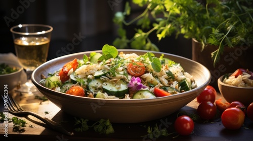 Couscous salad with dried apricots and pine nuts with fresh chopped herbs on a white table