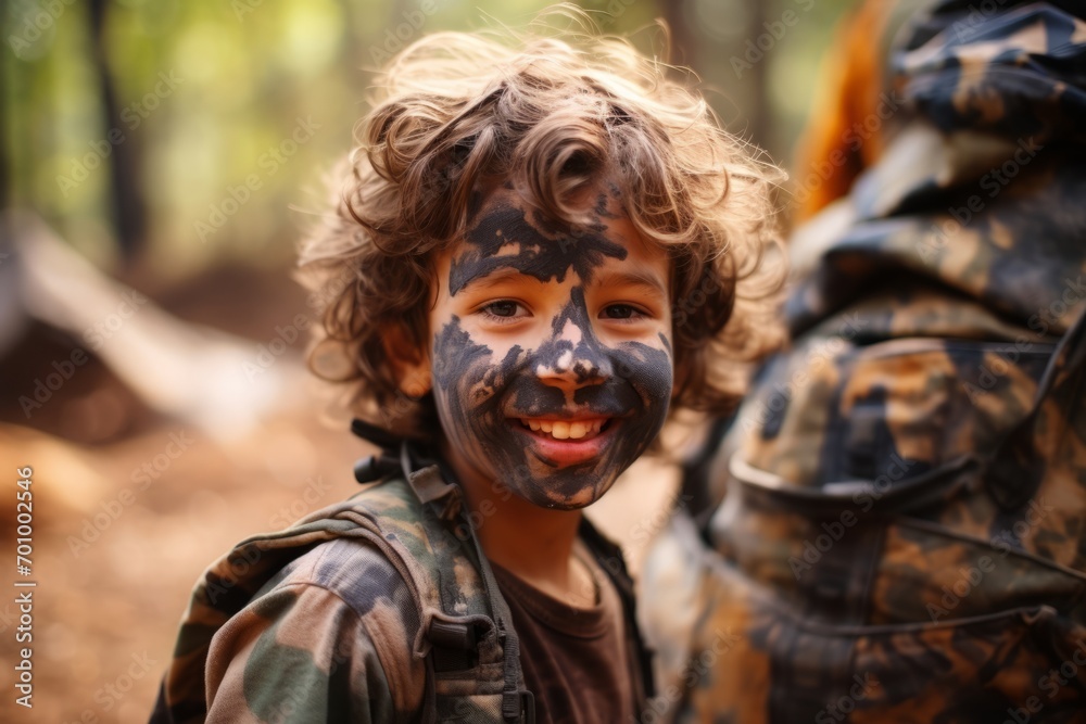 Portrait of a boy with face painting on his face in the forest Portrait of a boy with face painting on his face in the forest