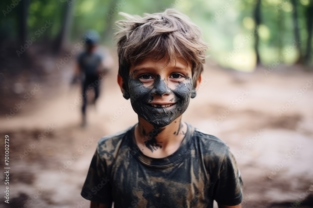 Portrait of a boy with black paint on his face in the forest