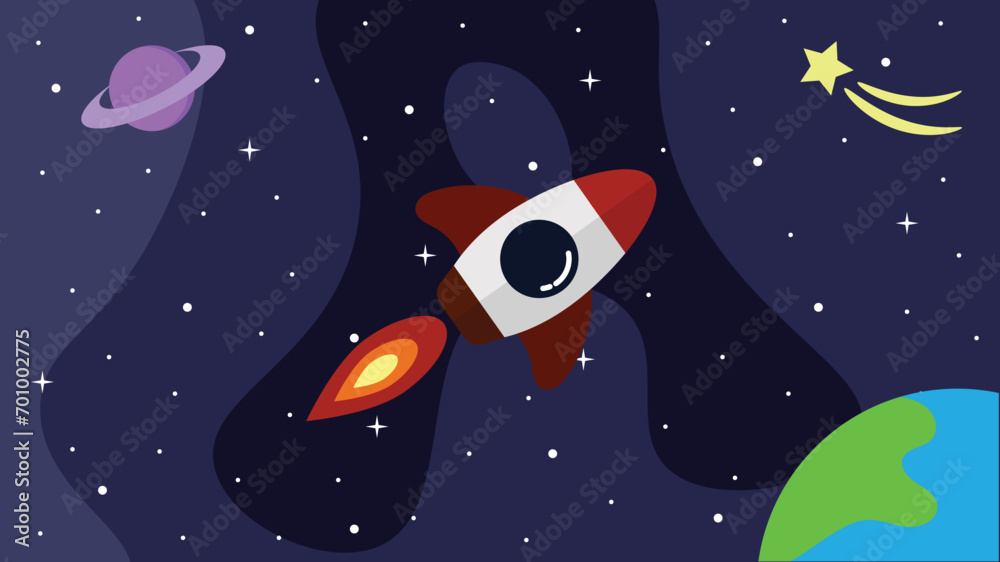 A Rocket in Space Flat Style. Cute space shuttle flying into cosmos A Rocket in Space Flat Style. Cute space shuttle flying into cosmos