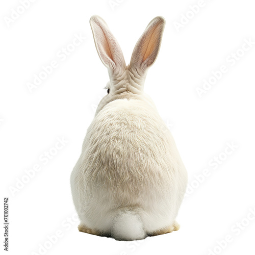 Back view of a sitting white rabbit isolated on a transparent background