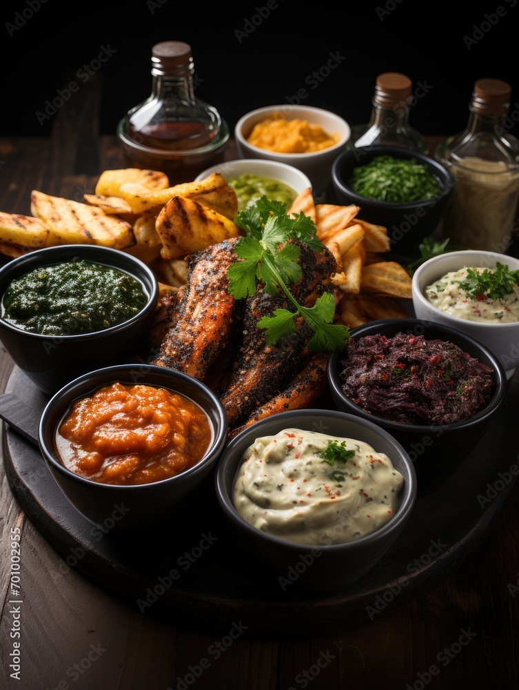Various dipping sauces in bowls on a dark wooden table with chicken goujons in the background