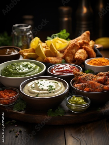 Various dipping sauces in bowls on a dark wooden table with chicken goujons in the background