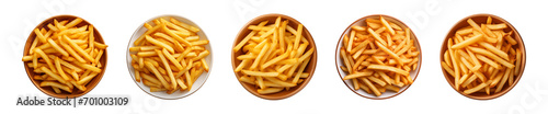 Collection bowl of french fries isolated on a transparent background, top view