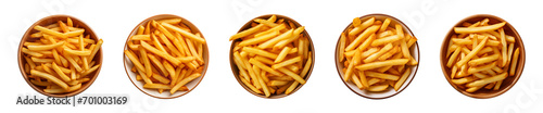 Collection bowl of french fries isolated on a transparent background, top view