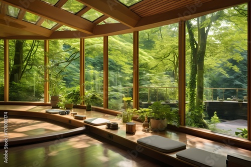 Garden retreat yoga studio surrounded by lush greenery  open-air design  and a connection to nature