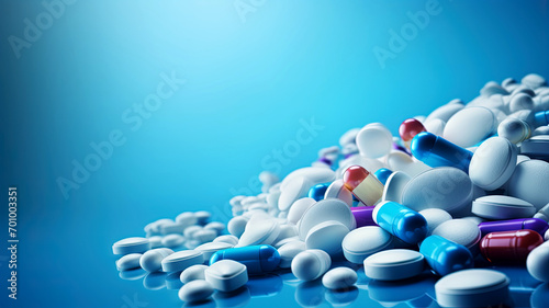 Pile of pills and capsules on a blue background with copy space. Various pills, antiviral drugs, LSD. Pharmaceutical concepts and the dangers of self-medication.