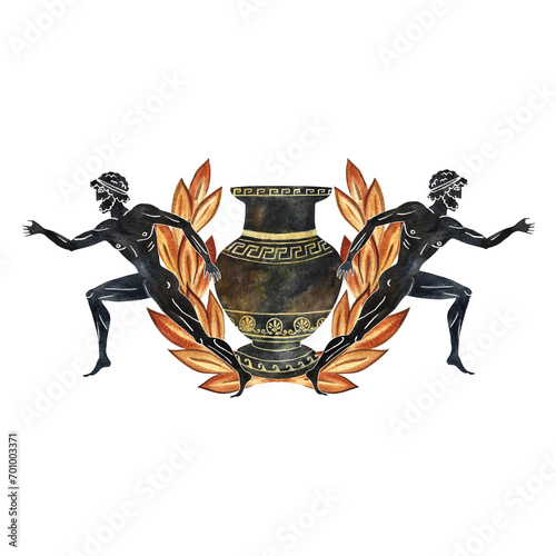 A composition with ancient Greek elements and athletes with a torch. An amphora, a laurel wreath. In the style of ancient Greek art painting. Hand-drawn watercolor illustration. For prints, postcards.