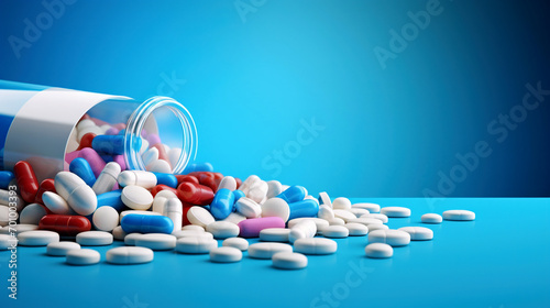 Pills spilling out of pill bottle on blue background. Variety of pharmaceutical tablets and capsules on a white background. Medicines without packaging. Composition with a bunch of colorful pills. photo