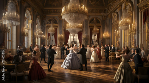 Grand ballroom dance in a lavish 18th-century European palace.