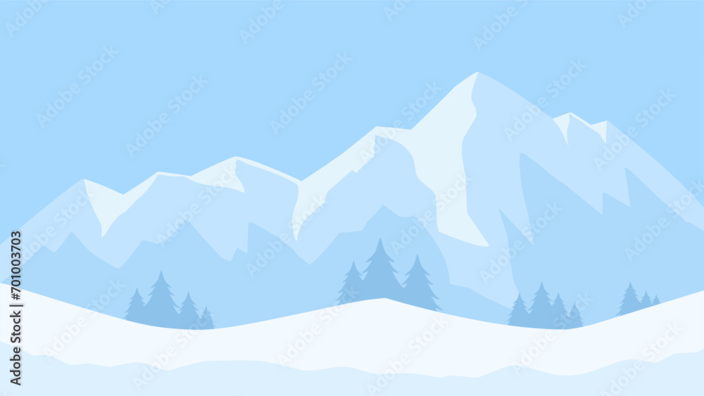 Snowy mountain landscape vector illustration. Scenery of landscape snow covered mountain in cold season. Winter mountain landscape for background, wallpaper or illustration