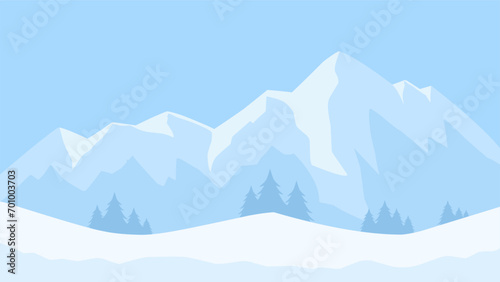 Snowy mountain landscape vector illustration. Scenery of landscape snow covered mountain in cold season. Winter mountain landscape for background, wallpaper or illustration