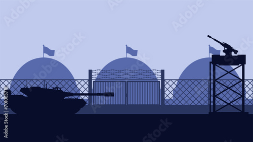 Military base landscape vector illustration. Silhouette of military base gate with tank and watchtower. Military landscape for background, wallpaper or illustration. Army training field illustration