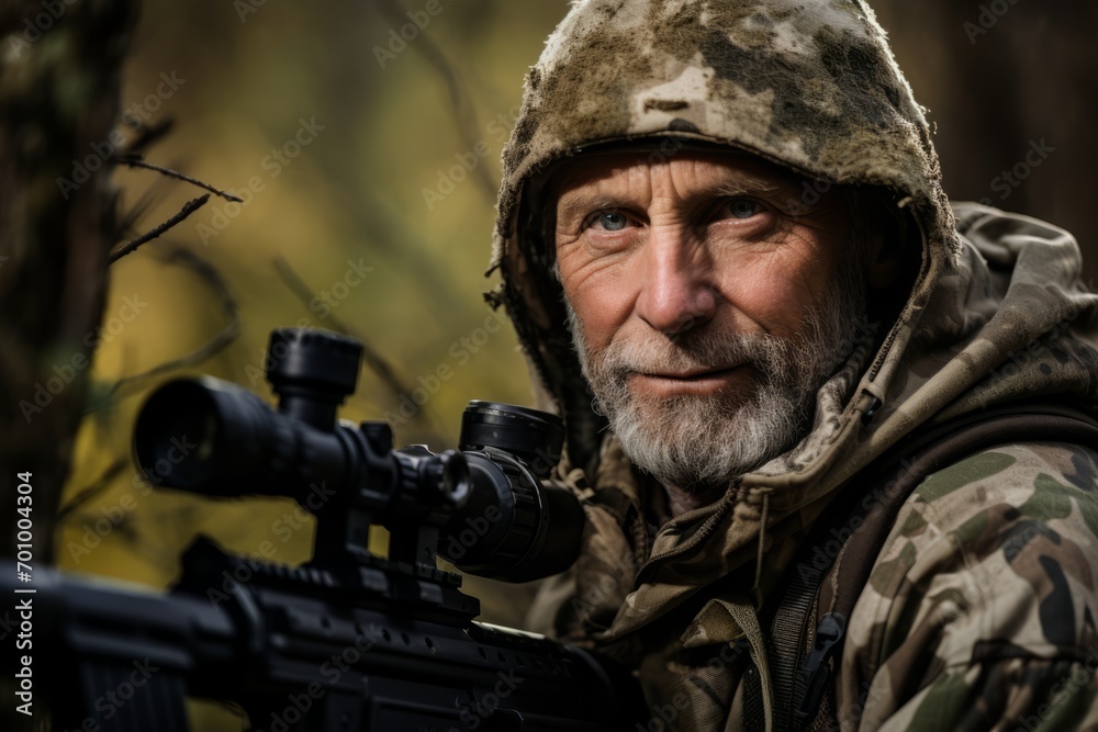Portrait of an elderly man with a machine gun in the forest